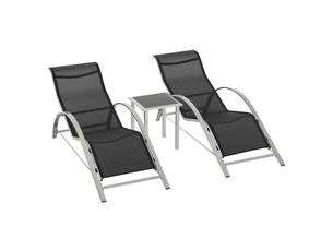 Ensemble jardin 3 pièces maille métallique : 2 chaises longues + 1 table d'appoint, noir et argent, 59 x 169 x 66 cm, pour balcon et jardin
