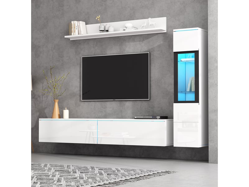  Ensemble meuble tv mural 3 pièces blanc brillant avec vitrine de salon et éclairage led  - Conforama B
