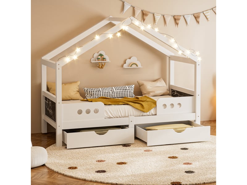  Lit enfant 90x200 cm avec toit et 2 tiroirs en bois et mdf blanc  - Conforama C