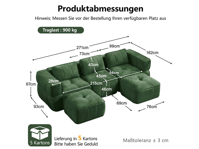  Canapé modulaire en u 3 places avec 2 poufs, assise profonde - lpospi - sans cadre, accoudoirs larges, polyester vert  - Conforama D