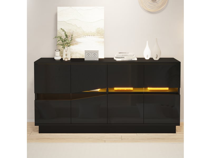  Buffet 4 portes noir brillant avec éclairage led bluetooth 140 x 35 x 70 cm  - Conforama C