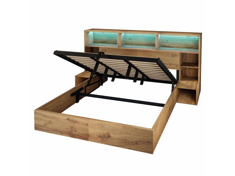 Lit coffre chêne 180x200 cm avec chevets, led, usb et type-c Fay Lum - Conforama W