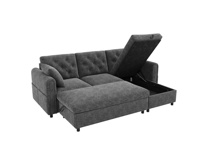 Canapé d'angle réversible gris 3 places avec coffre de rangement, pouf et poches latérales 219cm - Conforama E