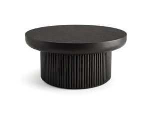 Table de salon plateau motif parquet bois base cylindrique plateau épaissi forme ronde finition noire style moderne milieu de siècle