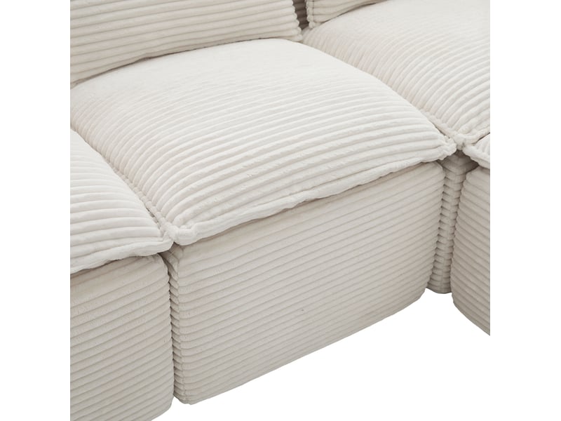  Canapé droit modulable 3 places en velours côtelé beige avec pouf, porte-boisson et rangements latéraux  - Conforama D