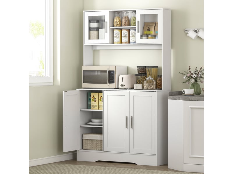  Meuble de cuisine scandinave avec placards, compartiments ouverts, portes vitrées et plan de travail, blanc  - Conforama C
