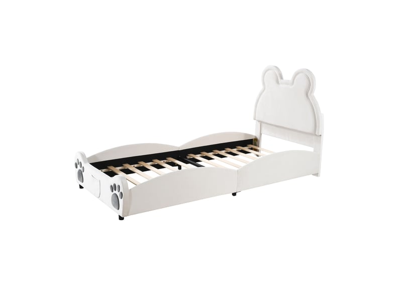 Lit enfant moderne 90x200 cm forme ours avec rangements, velours, blanc, sans matelas - Conforama A