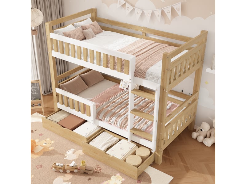 Lit superposé enfant 90x200 cm - avec 2 tiroirs - avec échelle - peut être séparé en deux lits simples - bois massif + mdf - blanc + naturel (sans matelas) - Conforama W