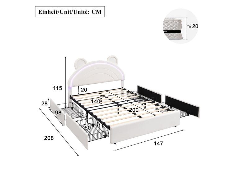  Lit enfant 140x200 cm tête de lit ours, lit double, 4 tiroirs, led contrôlée par application, couleur beige sans matelas  - Conforama C