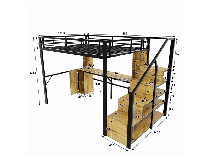  Lit mezzanine 140x200 cm bureau intégré escalier avec rangement garde-corps matelas non inclus métal et mdf noir OPULERANE TRADING LTD - Conforama D