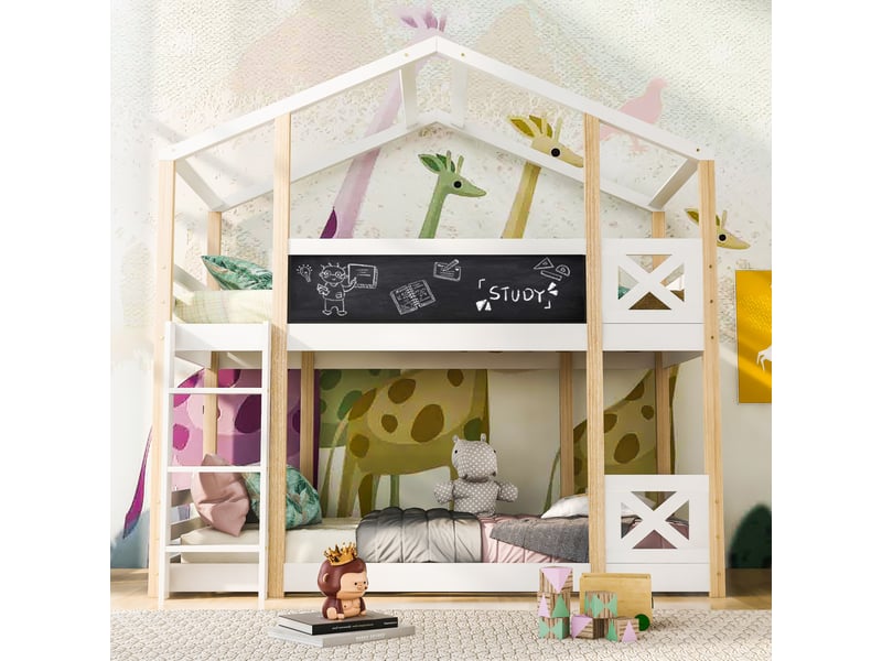 Lit superposé enfant cabane avec échelle 90x200 cm blanc et bois naturel - Conforama D