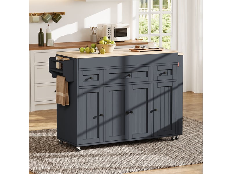  Desserte de cuisine à roulettes avec plan extensible, 3 tiroirs, étagère à épices pour cuisine, en mdf, grise  - Conforama B