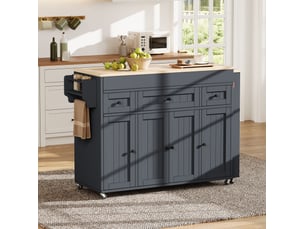 Desserte de cuisine à roulettes avec plan extensible, 3 tiroirs, étagère à épices pour cuisine, en mdf, grise