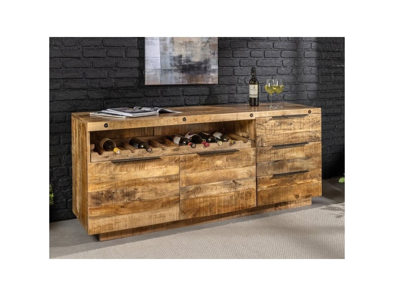 Buffet loden 175 cm en bois massif de manguier verni – 2 portes, 3 tiroirs et niche à bouteilles - Conforama B