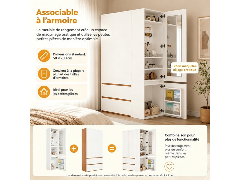  Armoire avec miroir et cabinet de toilette, 120 x 50 x 200 cm, 1 penderie et 2 tiroirs, style moderne, blanc  - Conforama E
