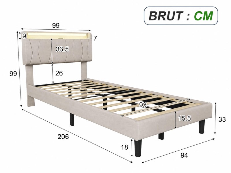  Lit simple 90×200 – lit adulte –  tête à tablette – éclairage led rgb – ports usb et type‑c –  sommier à lattes – lin beige  - Conforama C