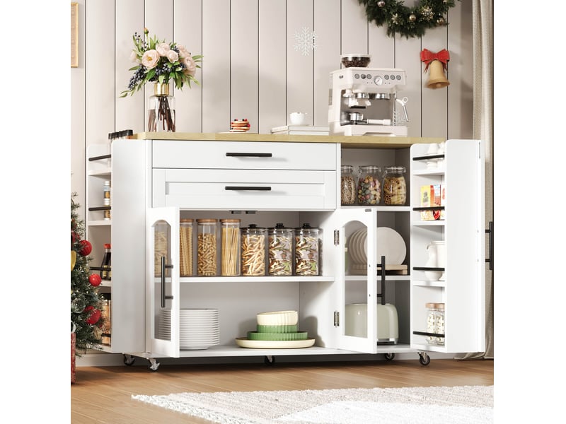 Îlot de cuisine mobile avec plateau rabattable, 5 roulettes, blanc et bois naturel - Conforama D