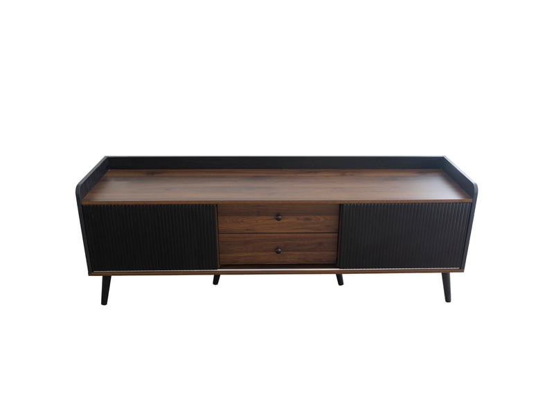  Meuble tv noir et bois 160 cm avec portes coulissantes, 2 tiroirs, pieds en bois massif, style élégant  - Conforama A