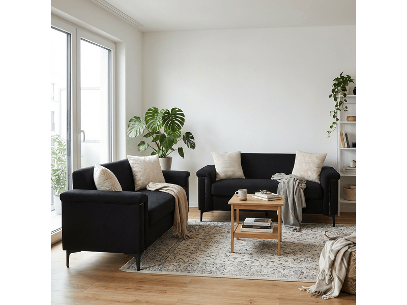  Canapé droit 2 places compact avec pieds métal  - assise mousse ressorts, tissu polyester noir  - Conforama E