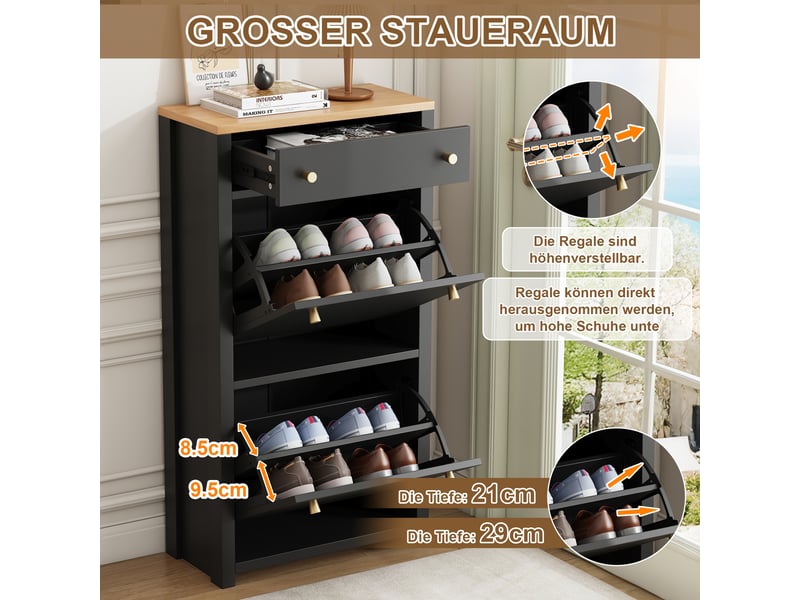  Meuble à chaussures avec 1 tiroir, 2 abattants et étagères réglables pour entrée et couloir en mdf 50×25×95 cm noir  - Conforama E