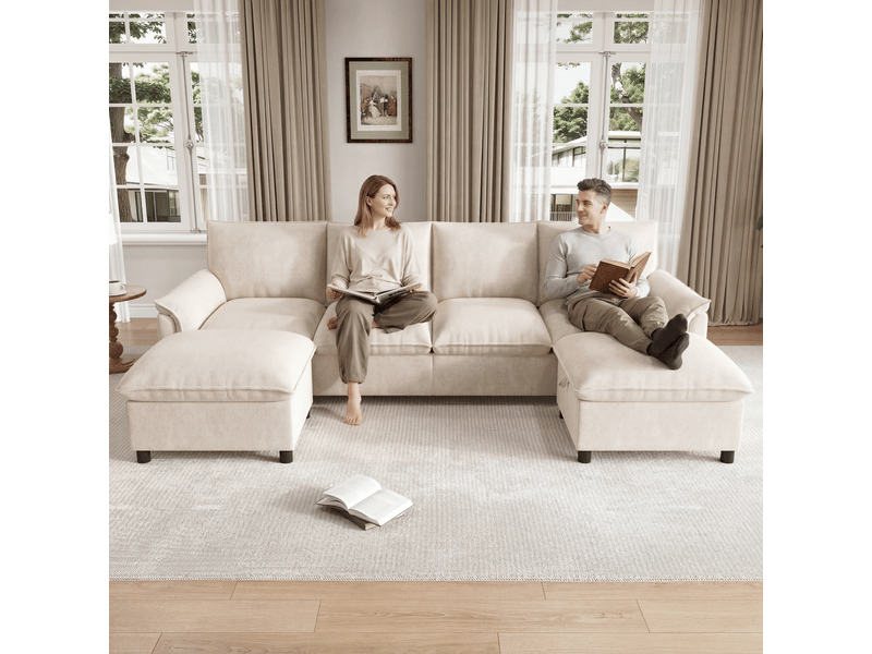 Canapé d'angle panoramique 4 places 264,5 x 142,5 x 84 cm en chenille avec 2 poufs mobiles et rangement - beige Fay Lum - Conforama E