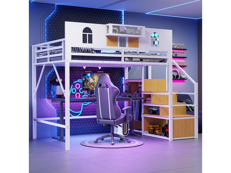  Lit mezzanine 140 x 200 cm, avec échelle et bande lumineuse, compartiments de rangement, structure métallique, blanc  - Conforama D