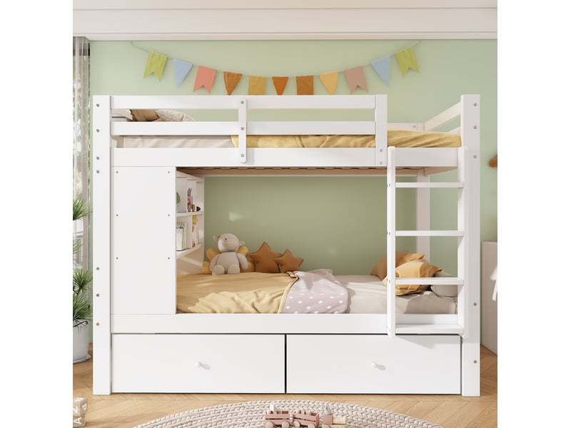  Lit superposé 90 × 200 cm en bois blanc avec 2 tiroirs, étagère ouverte et échelle pour chambre d’enfant  - Conforama D