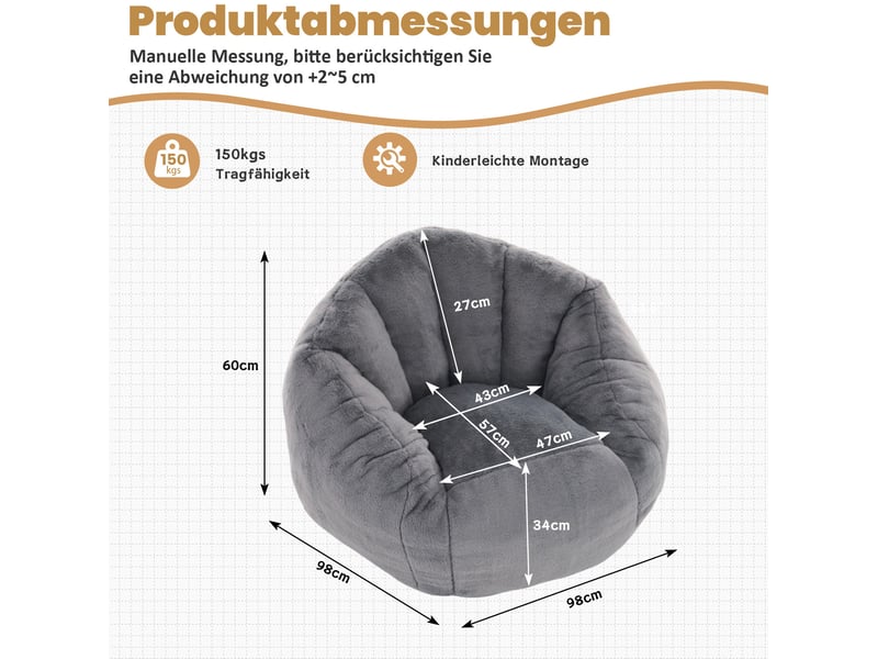  Pouf adulte et enfant en polyester gris clair avec dossier enveloppant, mousse à mémoire de forme, 98 x 98 x 60 cm  - Conforama C