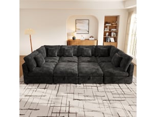 Canapé d'angle xxl modulable 8 places 292x220x81 cm en u convertible avec 2 poufs coffre, poches latérales, 6 coussins, chenille gaufré - gris