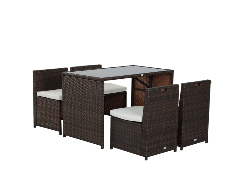  Salon de jardin 5 pièces avec table, 4 chaises à rangement et coussins en résine tressée marron et kaki 120 × 69 × 77,5 cm  - Conforama A