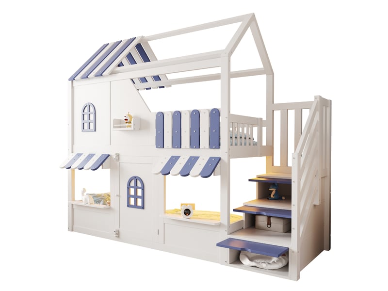  Lit superposé enfant 90x200 cm cabane avec escalier de rangement led blanc et bleu  - Conforama E