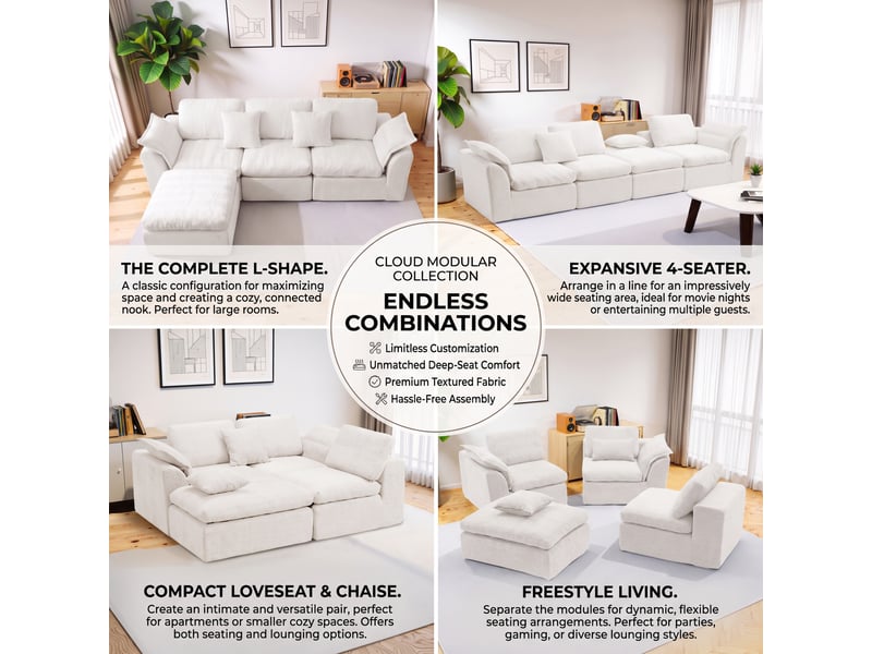  Canapé modulable 4 places 246x90 cm, canapé d'angle convertible avec pouf mobile, assise profonde en chenille beige OMNIGLINT TRADING LTD - Conforama D