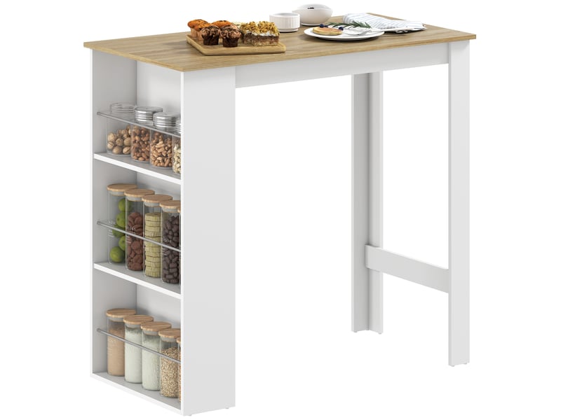  Table de bar, table de bistrot, table à manger, table haute avec 3 étagères latérales et structure en bois 112 x 57 x 106 cm, blanche  - Conforama A