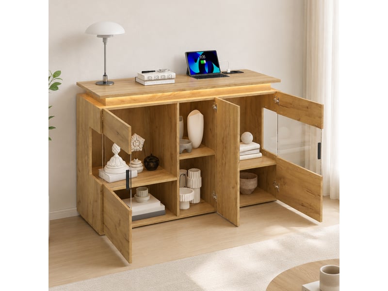 Buffet,120x40x79,5 cm,portes vitrées, led et prises usb,effet chêne clair - Conforama B