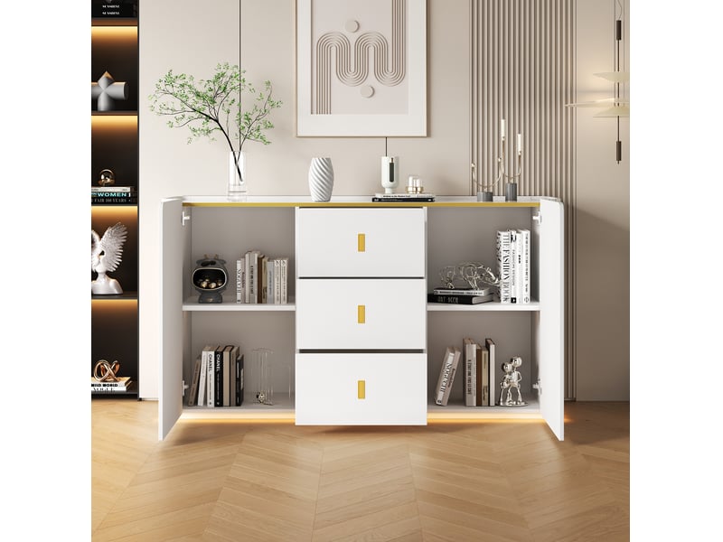  Buffet blanc avec éclairage led 22 couleurs, 2 portes et 3 tiroirs - 150 x 35 x 80 cm  - Conforama C