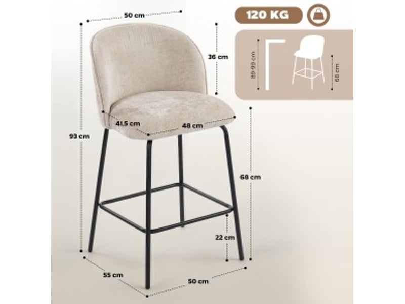  Tabouret de bar lot de 2 avec dossier ergonomique, assise rembourrée et repose-pieds, en polyester, beige  - Conforama D