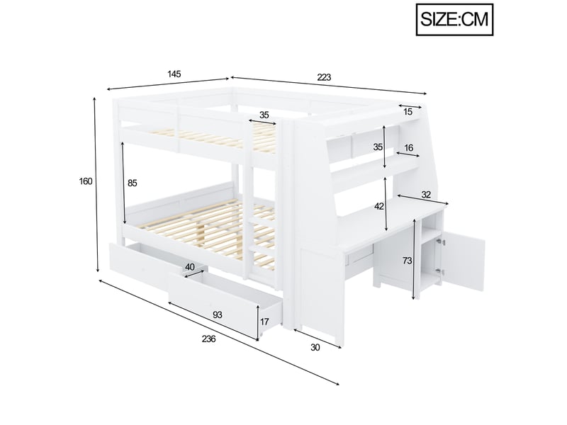 Lit superposé 2 places 140x200 cm - avec bureau, armoire, étagères et 2 tiroirs - bois blanc - Conforama C