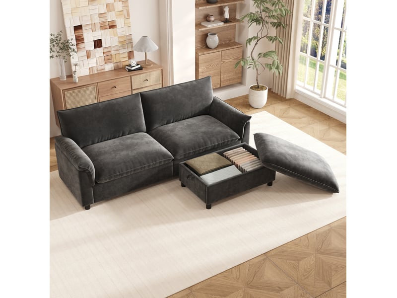  Canapé 3 places modulable gris en chenille avec pouf de rangement  - Conforama E
