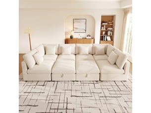 Canapé d'angle xxl modulable 8 places 292x220x81 cm en u convertible avec 2 poufs coffre, poches latérales, 6 coussins, chenille gaufré - beige