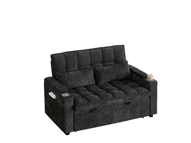  Canapé-lit 3 en 1 142 cm – noir – chenille avec rangements, porte-gobelets et coussins de soutien  - Conforama A