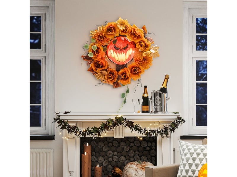  Couronne décorative d’halloween avec 44 led clignotantes, visage de citrouille, feuilles d’automne, orange  - Conforama C