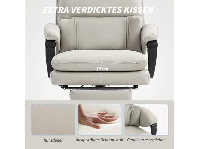 Chaise de bureau en similicuir gris clair, soutien lombaire, accoudoirs, repose-pieds, réglable en hauteur - Conforama E
