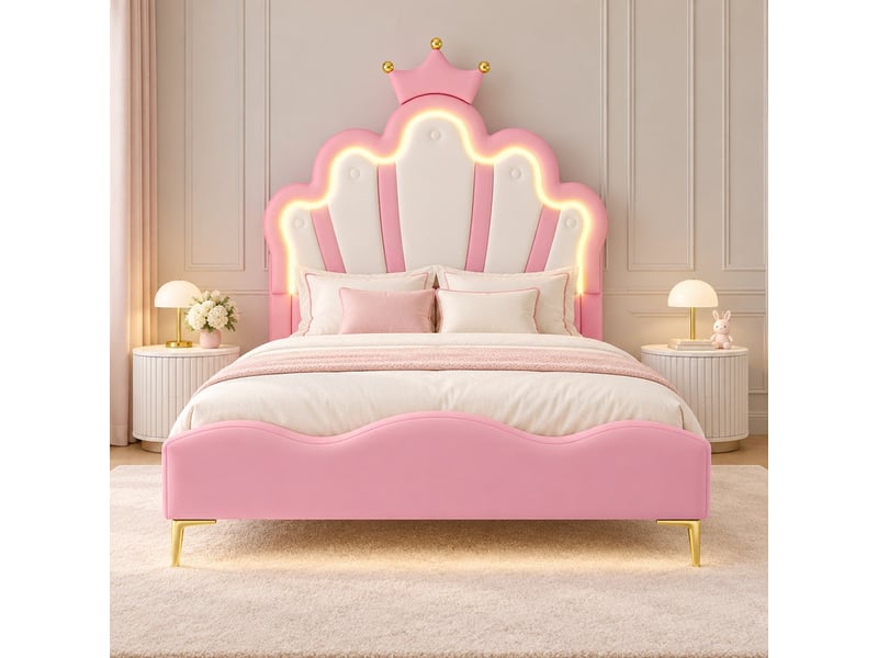  Lit simple 90 x 200 cm, lit enfant avec led, princesse en forme de couronne, en similicuir rose  - Conforama D