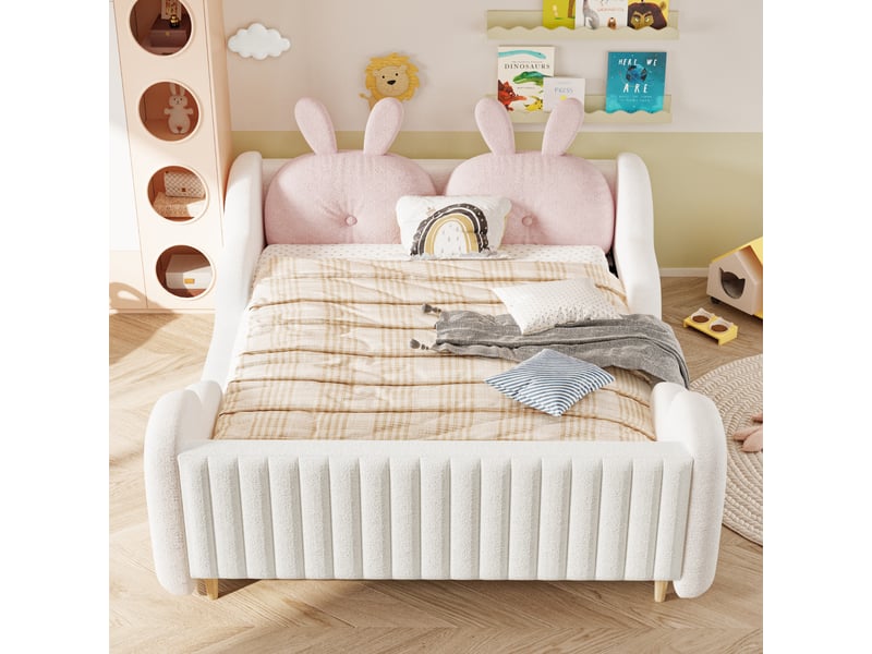  Lit enfant 140 × 200 cm 2 places avec barrières latérales, sans matelas, en tissu peluche teddy, blanc  - Conforama C