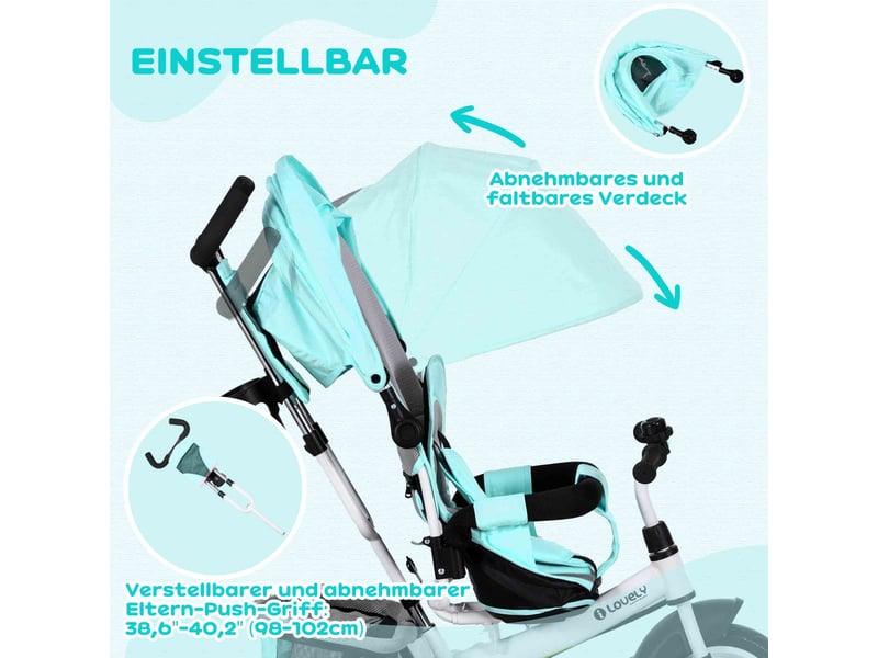 Tricycle pour enfant, vélo pour enfant, panier arrière, porte-gobelet, pare-soleil, métal, vert - Conforama E