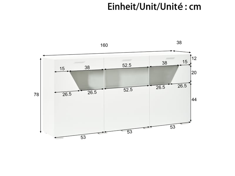  Buffet 3 portes avec led et 6 compartiments, 160x38x78 cm blanc  - Conforama C