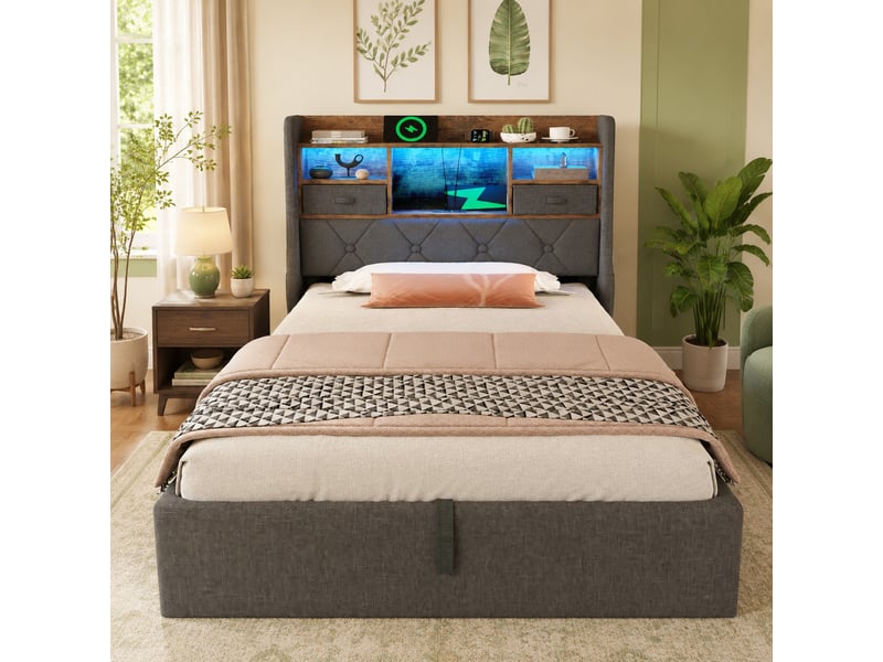 Lit coffre simple 90×200 cm led réglable, rangement, usb et type-c - sans matelas, tissu en lin gris - Conforama B
