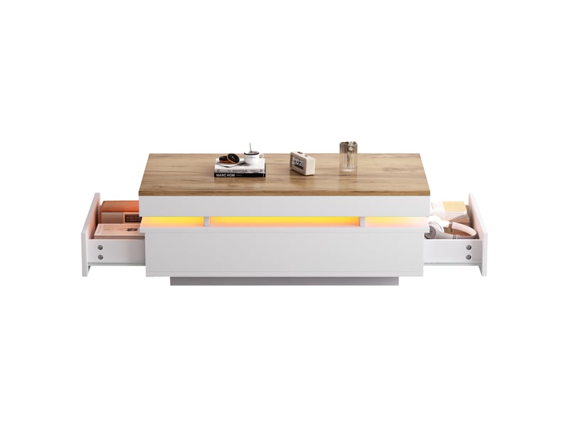  Table basse 100 x 50 x 35 cm avec 2 tiroirs, table d'appoint led laquée brillante, table à thé, console, table de salon, table basse, blanc et bois.  - Conforama A
