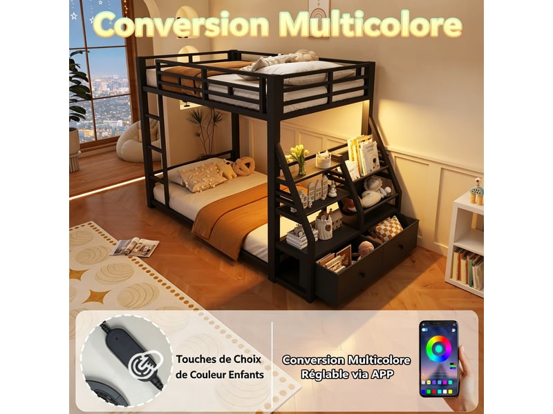 Lit superposé en métal 90x200 cm, éclairage led, 2 tiroirs en tissu, escalier, garde-corps, rangement ouvert, noir BrimViber - Conforama E