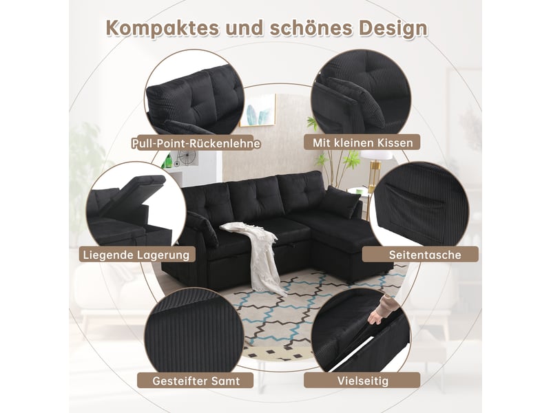  Canapé modulable noir avec rangement intégré - canapé d'angle convertible lit avec rangement en velours côtelé pour salon moderne  - Conforama D
